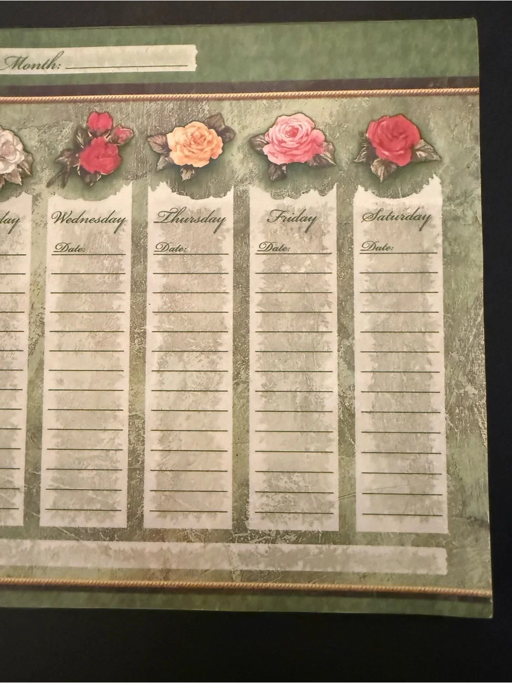 VTG Victorian To Do List Floral Weekly Planner Pad - Green Pink & Yellow Rose